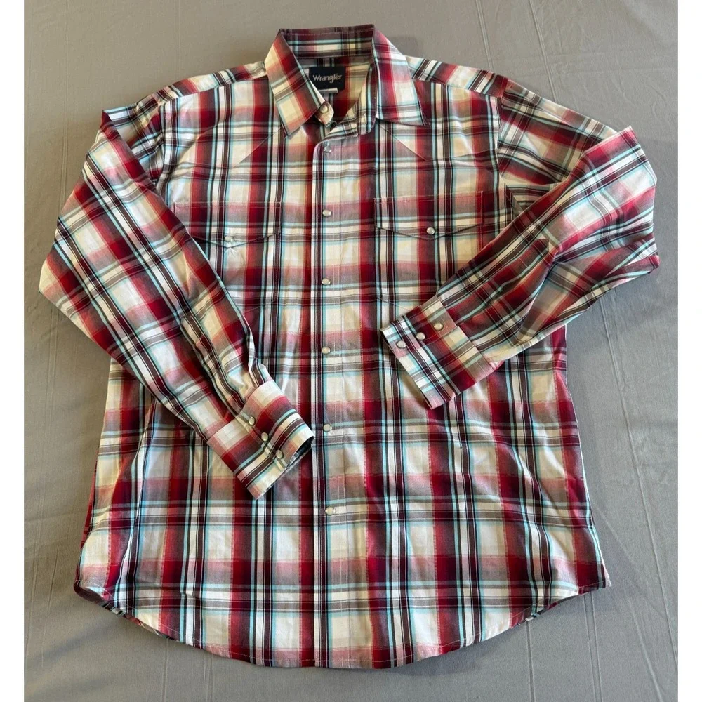 Wrangler Pearl Snap Shirt Western Large Check Men's Yolk Rodeo Cowboy‎